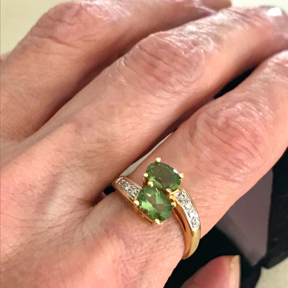 14k gold Olive apatite & diamond bypass ring